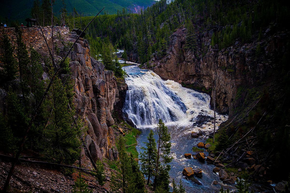 Gibbon Falls roadside waterfall in Yellowstone National Park
