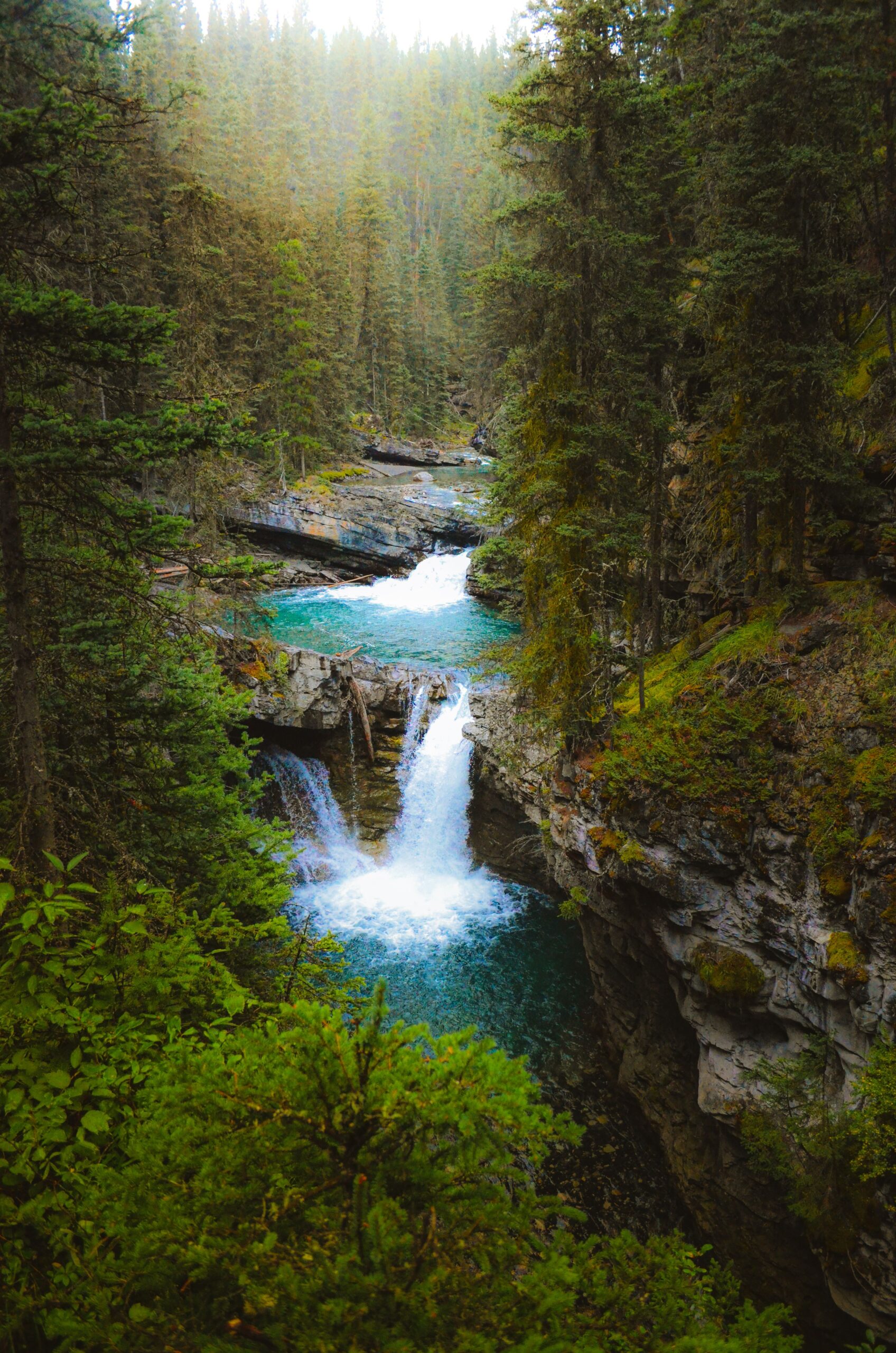 Twin waterfalls in Johnston Canyon on the trail to the Ink Pots, Banff National Park