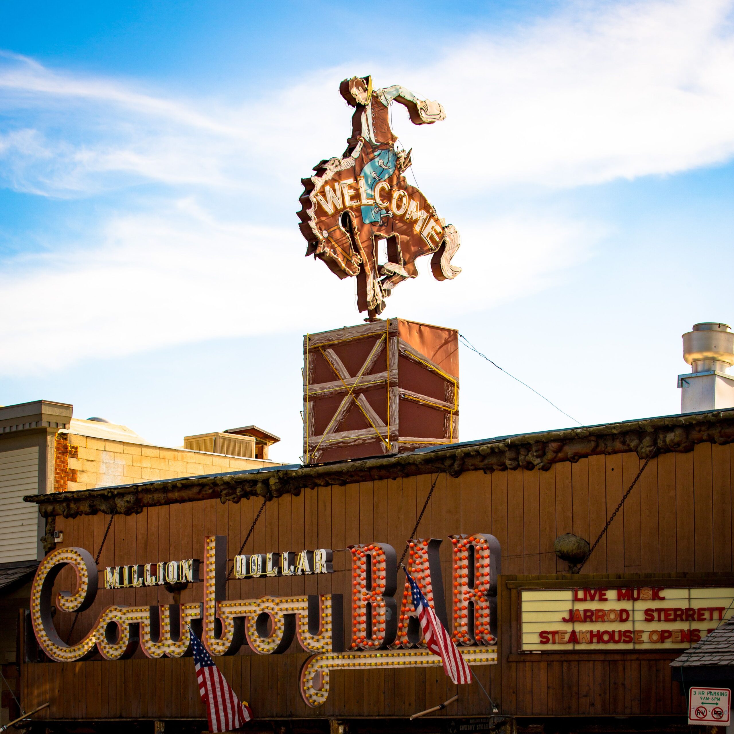 Million Dollar Cowboy Bar sign in Jackson Hole Wyoming town square