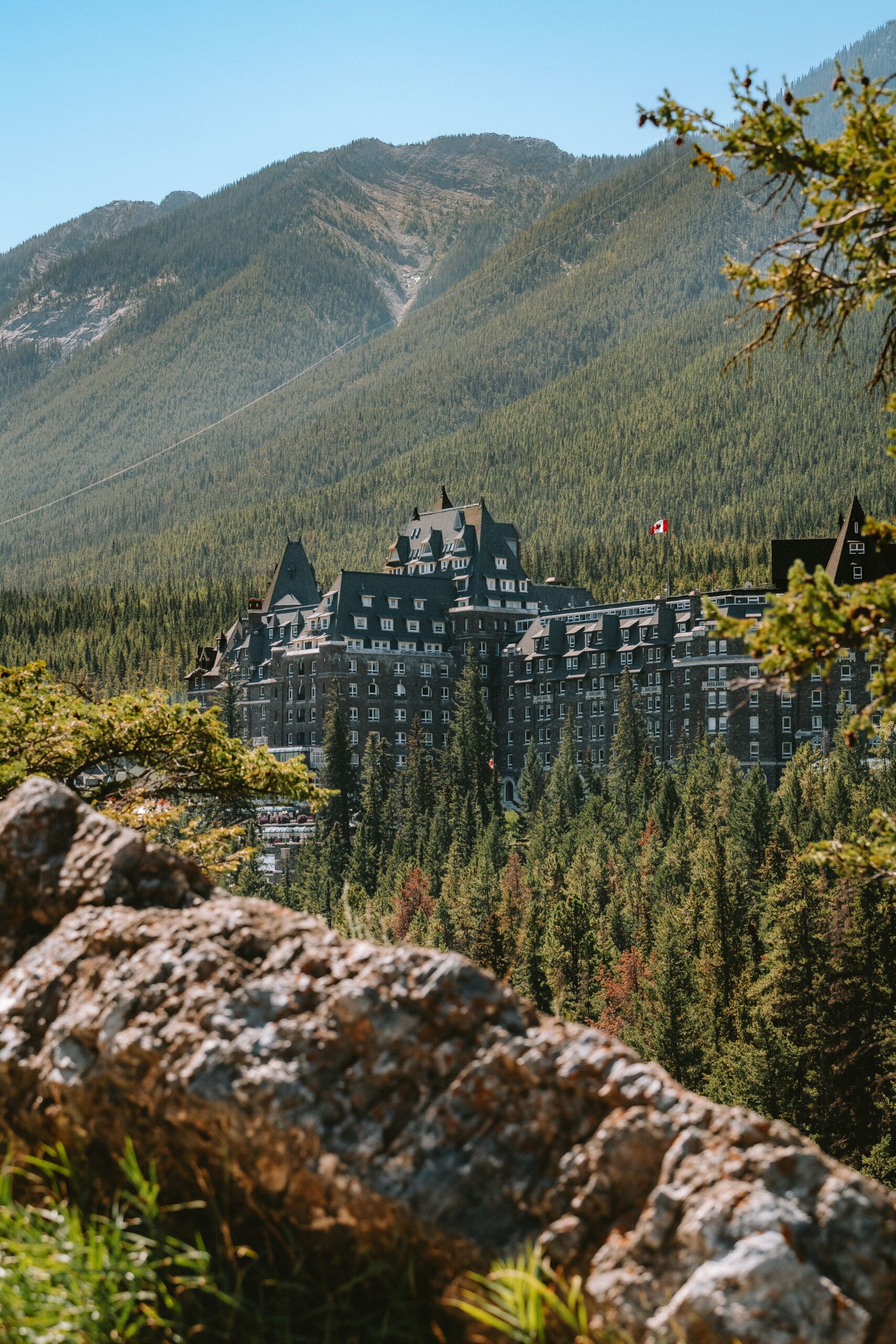 Fairmont Banff Springs castle hotel below Mount Rundle in Banff National Park