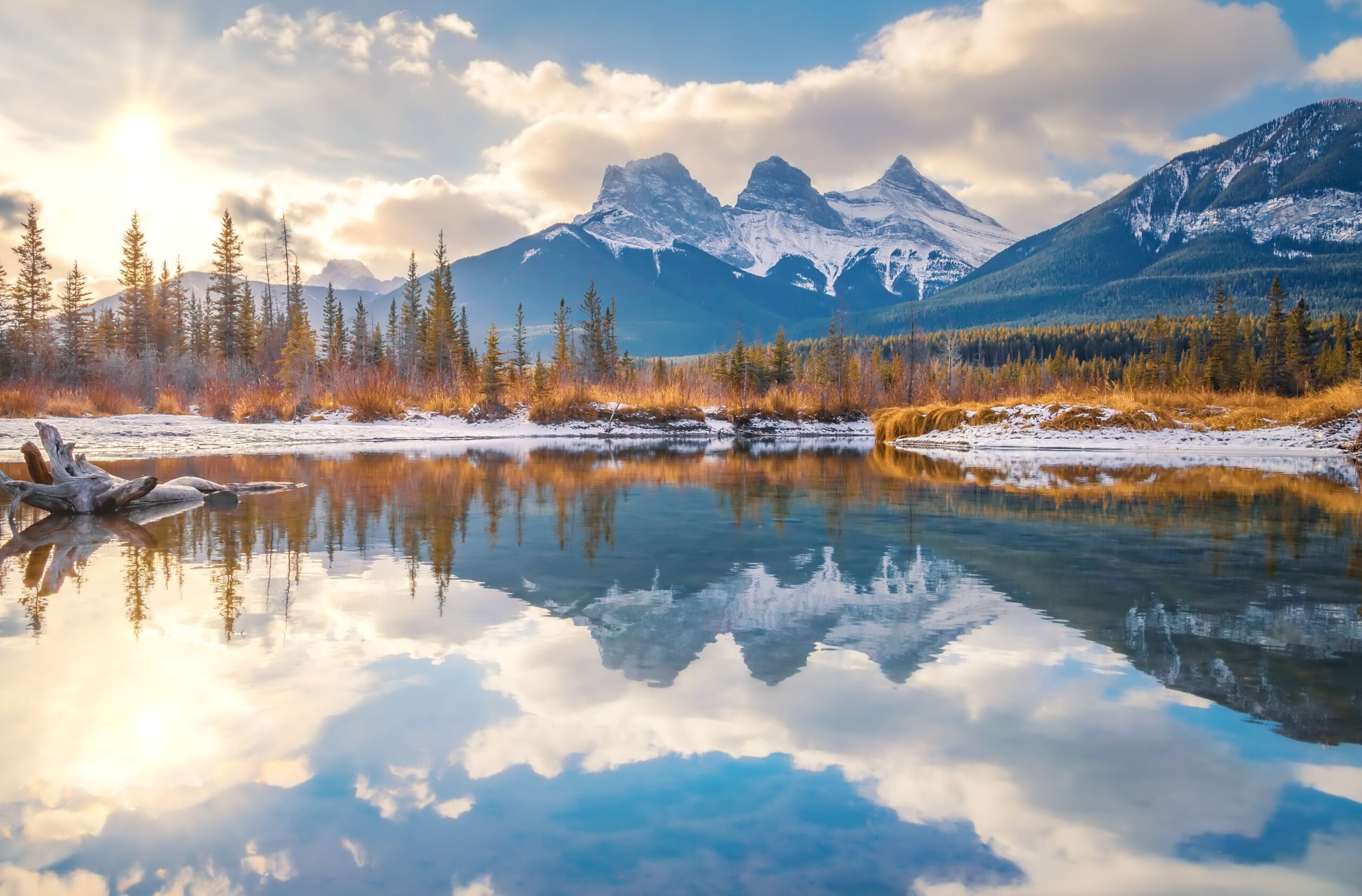 The Three Sisters peaks above Canmore, Alberta, just outside Banff National Park