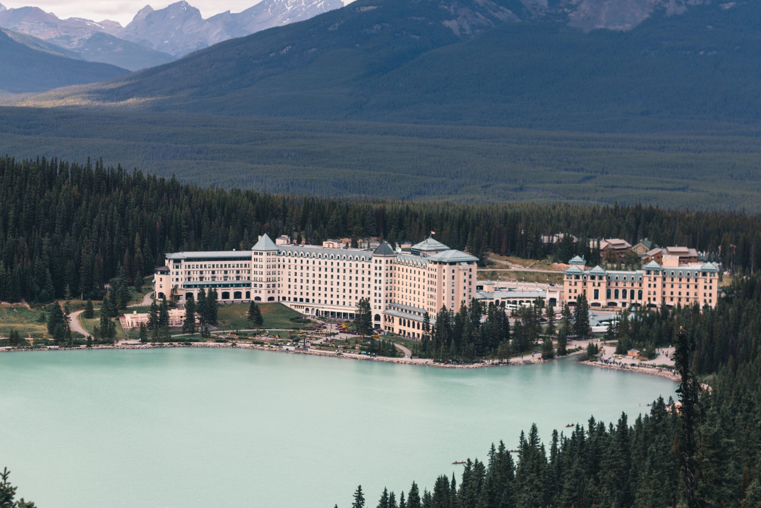 Fairmont Chateau Lake Louise on the turquoise shore of Lake Louise in Banff National Park