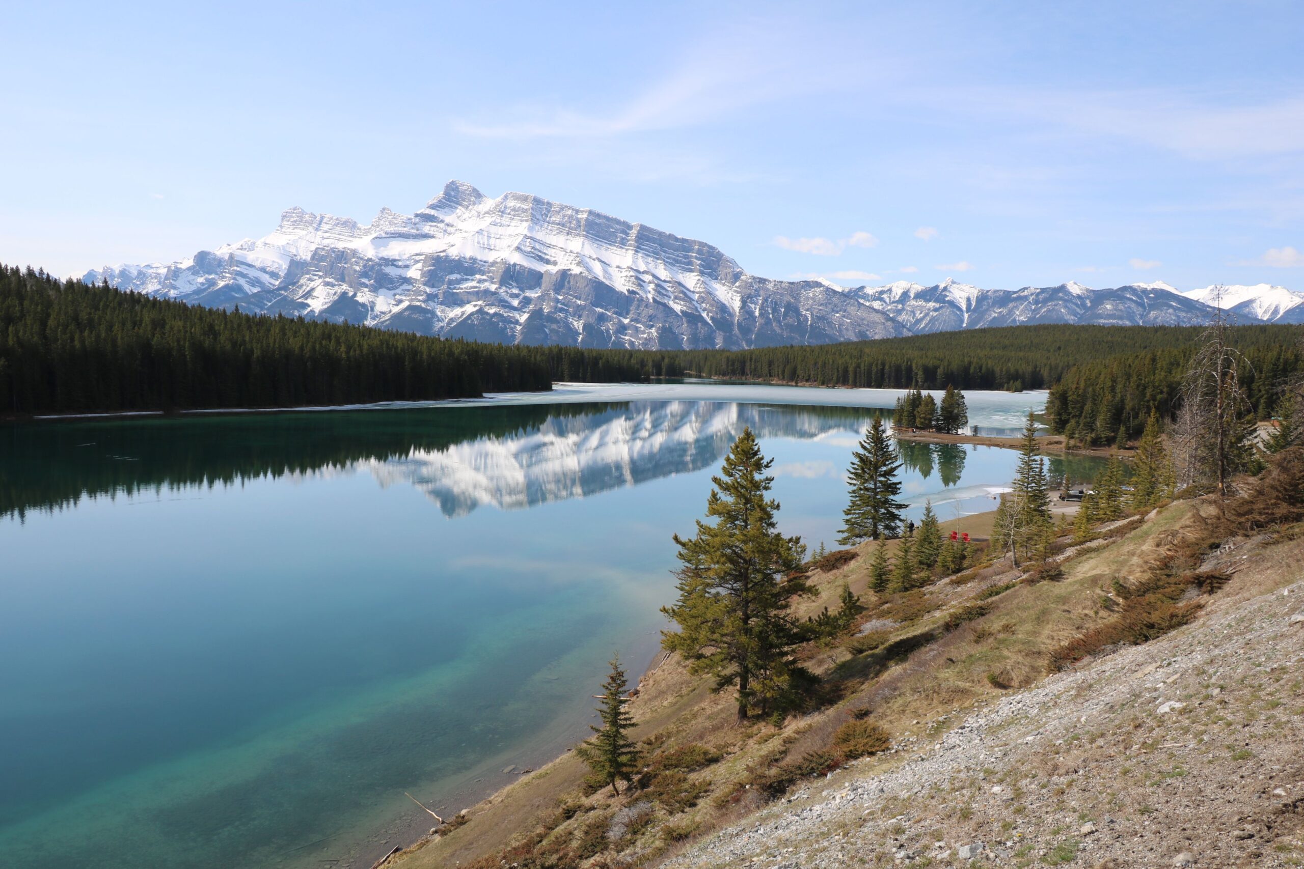 Two Jack Lake with Mount Rundle reflected in still water, Banff National Park