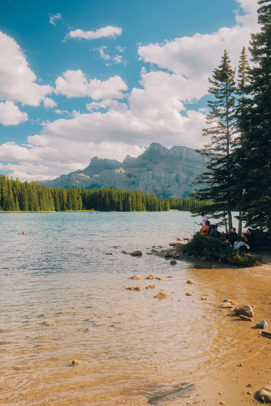 Two Jack Lake shoreline with Mount Rundle in Banff National Park