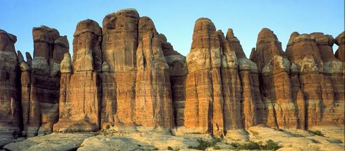 Banded sandstone spires in the Needles district of Canyonlands