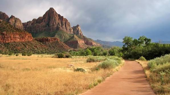 The paved Pa'rus Trail following the Virgin River beneath the Watchman in Zion