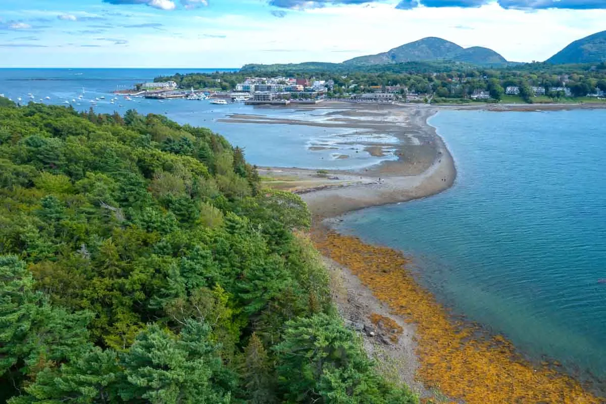 The gravel bar exposed at low tide between Bar Harbor and Bar Island, Acadia National Park