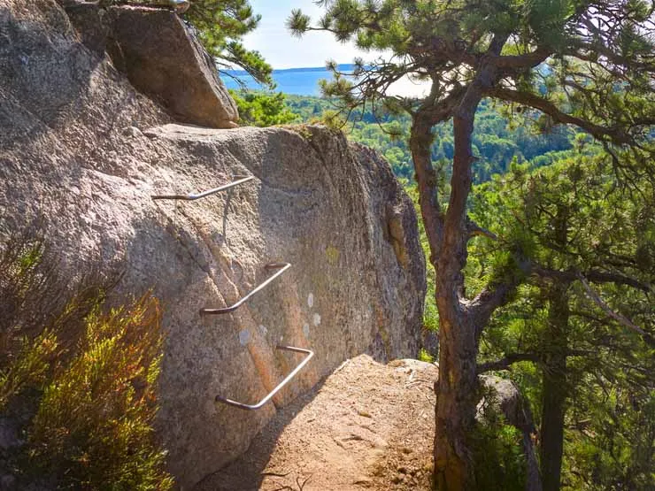Iron rungs bolted into granite on a ladder trail, Acadia National Park